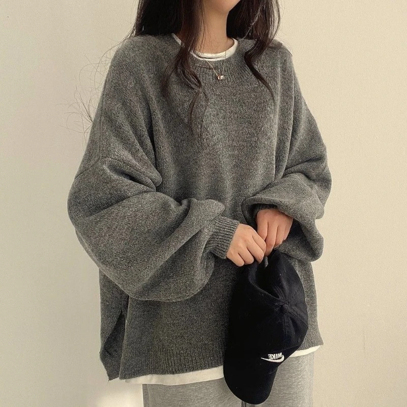 

Deeptown Casual Gray Vintage Women Sweaters Old Money Style Khaki Oversized Knitted Pullovers Office Lady Korean Fashion Jumpers