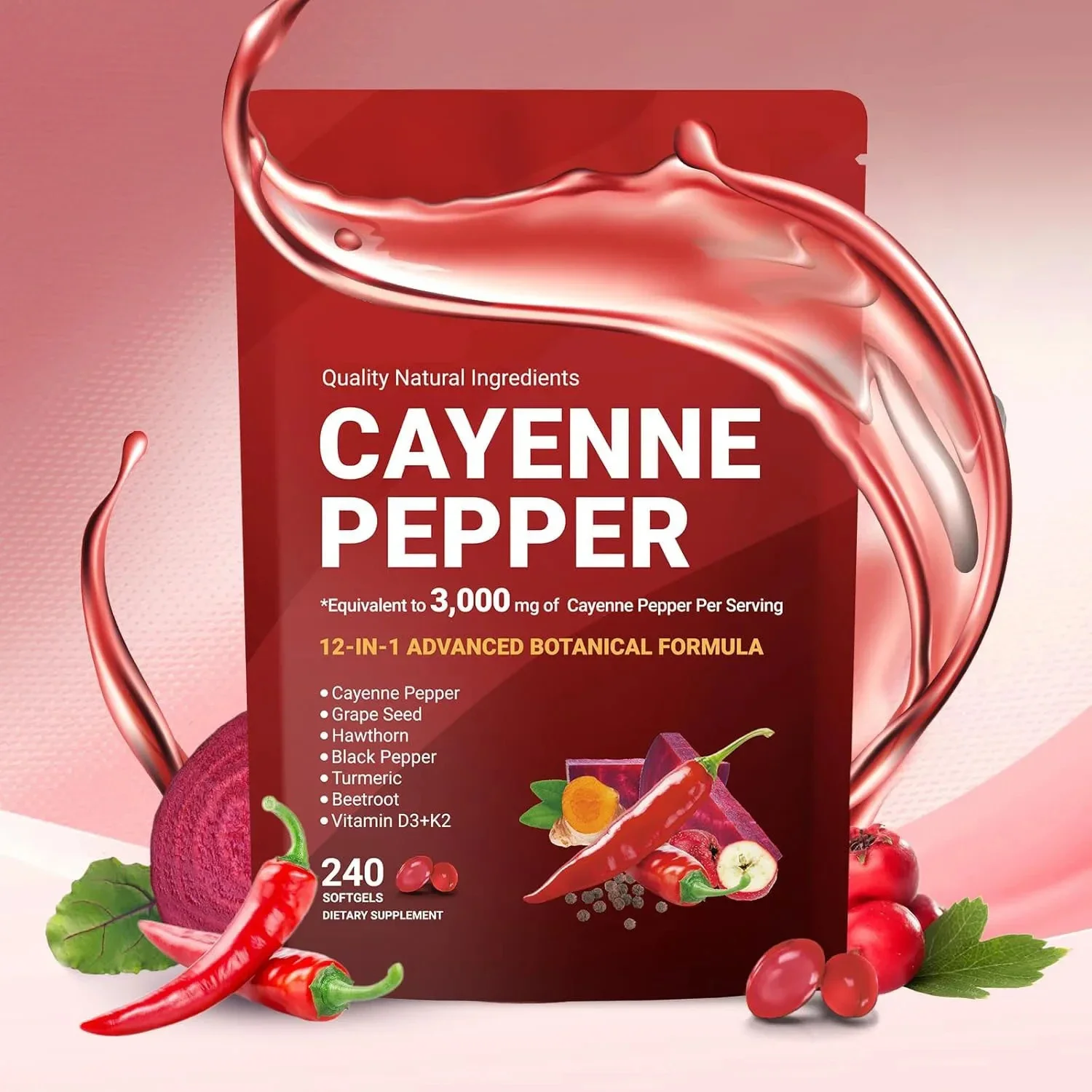 240 Cápsulas de 3000mg de Pimienta de Cayena en Cápsulas Blandas con Extracto de Semilla de Uva, Favorece la Salud de las Venas de las Piernas, el Corazón y los Vasos Sanguíneos
