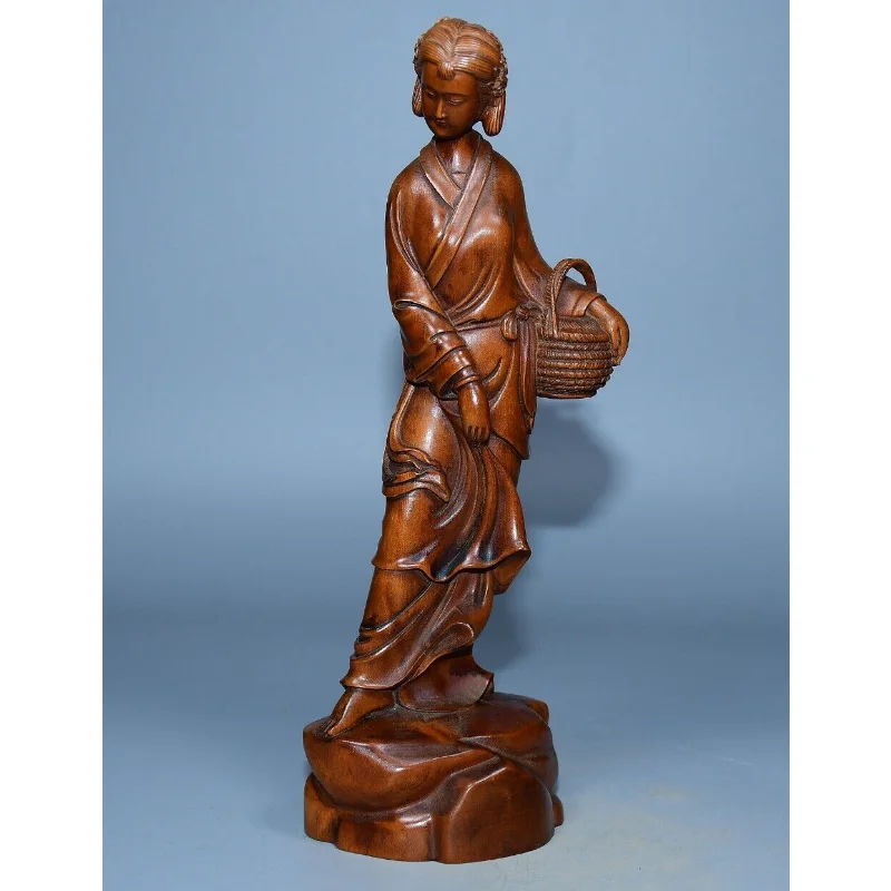 

7.8" Collect Chinese Box-wood Carving Beautiful Woman Hold Basket Stand Statue Craft Gift Decoration Home Decore