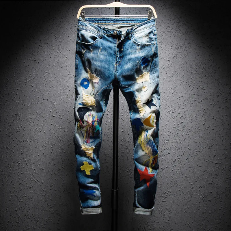 Pantalones vaqueros rasgados elásticos Retro para hombre, Jeans rasgados, diseño bordado, parcheado, Hip Hop, moda urbana, azul