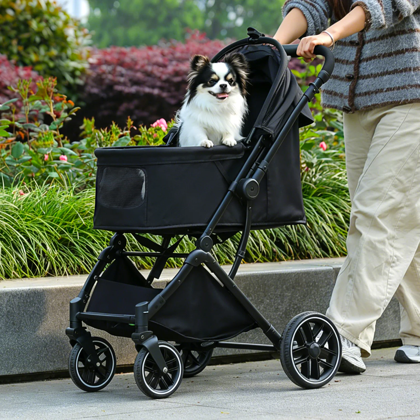 Faltbarer Haustier-Kinderwagen für kleine und mittelgroße Hunde & Katzen, Ein-Klick-Faltmechanismus, umkehrbarer Griff, Aufbewahrungskorb, Getränkehalter, Sicherheitsleine, herausnehmbare, waschbare