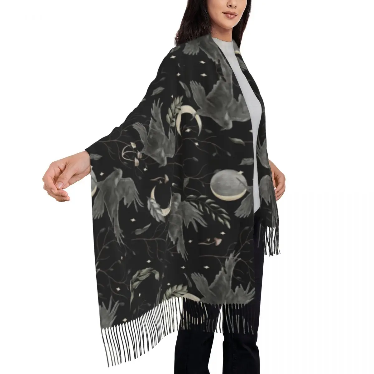 Crow Moon Scarf Wrap for Women Long Winter Fall Warm Tassel Shawl Unisex Halloween Spooky Witch Scarves