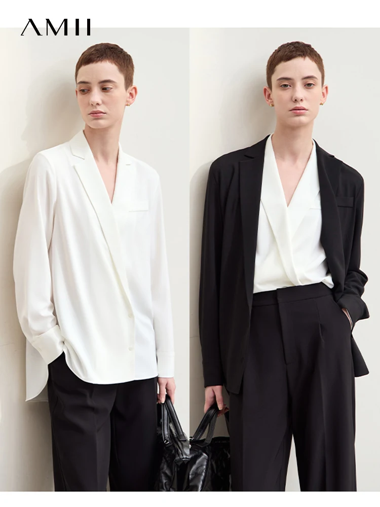 Amii Minimalism 2026 New Autumn Shirt for Women Long-sleeve Commuter Blazer Collar Loose Chiffon Shirt French Niche Top 12443087