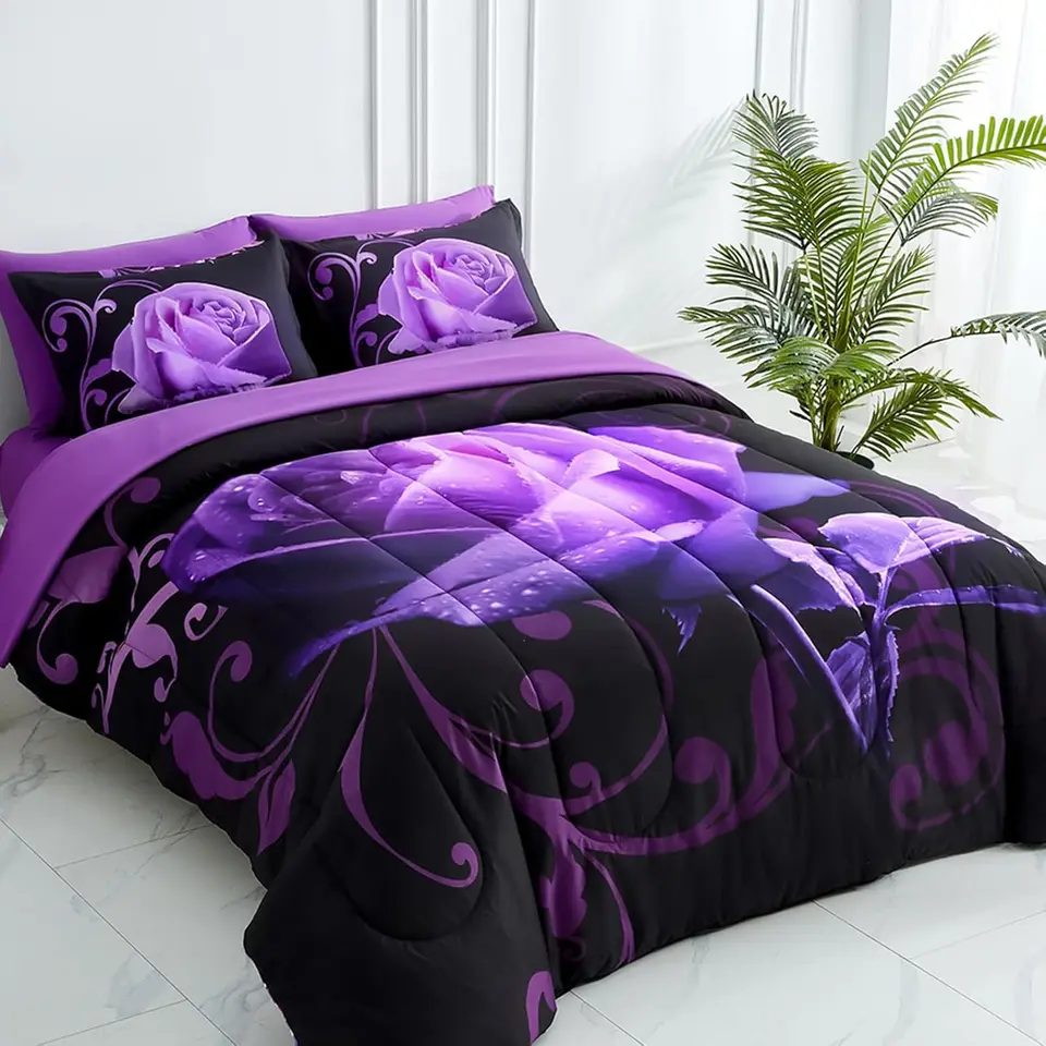 Elegant Purple Rose King Comforter Set 7-Piece