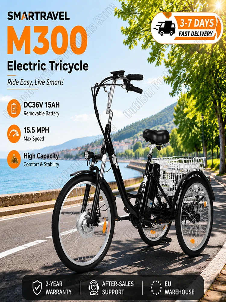 SMARTRAVEL M300 Erwachsenen-Elektro-Dreirad 250W Motor 36V15AH Lithium-Batterie 24-Zoll-Reifen Stadt-Einkaufs-Elektro-Dreirad für Outdoor-Reisen