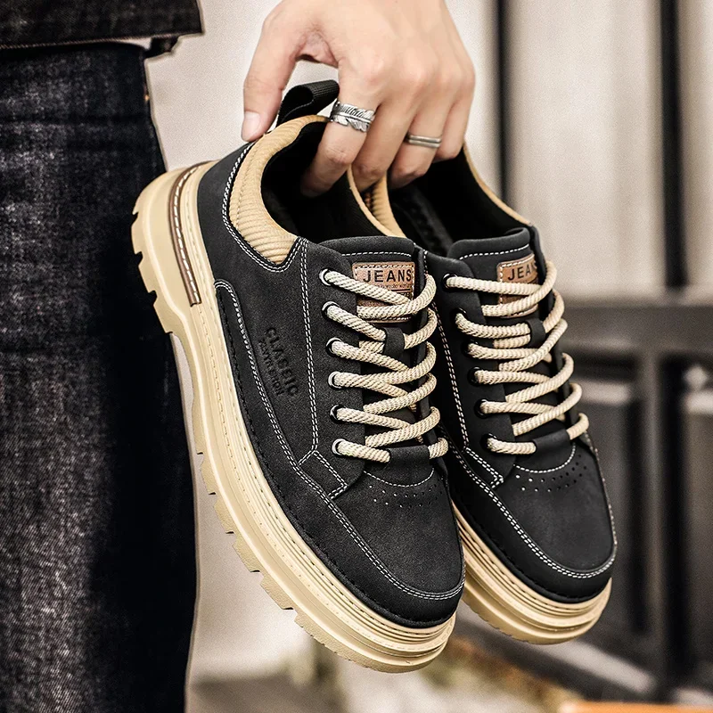 

Men's New Cargo Shoes Lace Up Retro British Fashion Casual Leather Footwear Outdoor Walking Leisure Temperament Sneakers