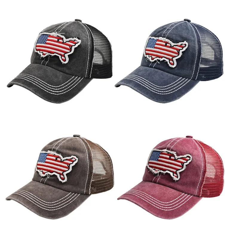 

Washed America Map Patch Baseball Hat Women Men Cotton Old Snapback Hat Hip Hop Mesh Trucker Cap Fashion Breathable Sunshade Cap