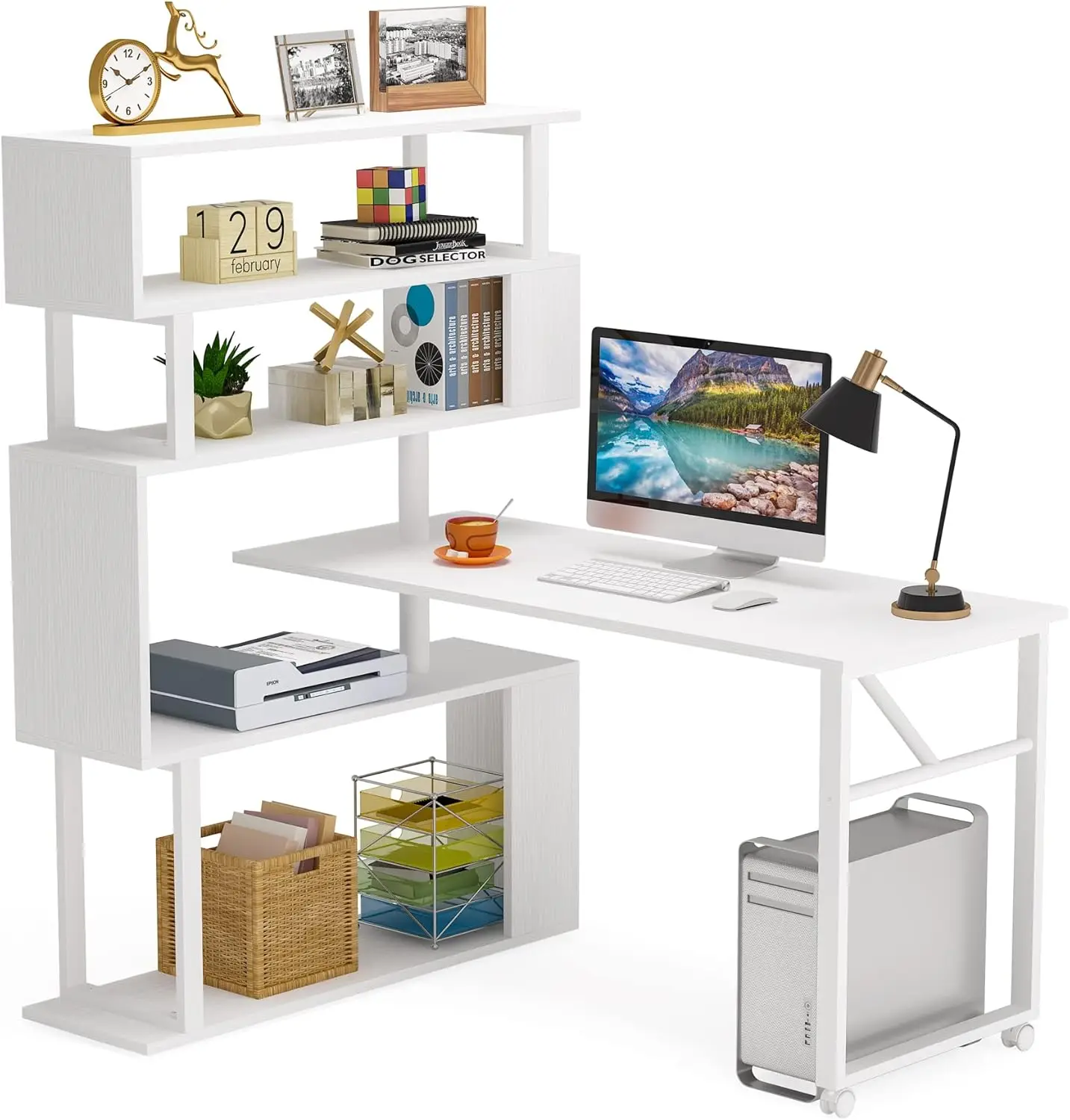 

L-Shaped Computer Desk with Shelves, White Rotating Desk with Bookshelf, Reversible Writing Desk and Bookcase Combo with Wheels