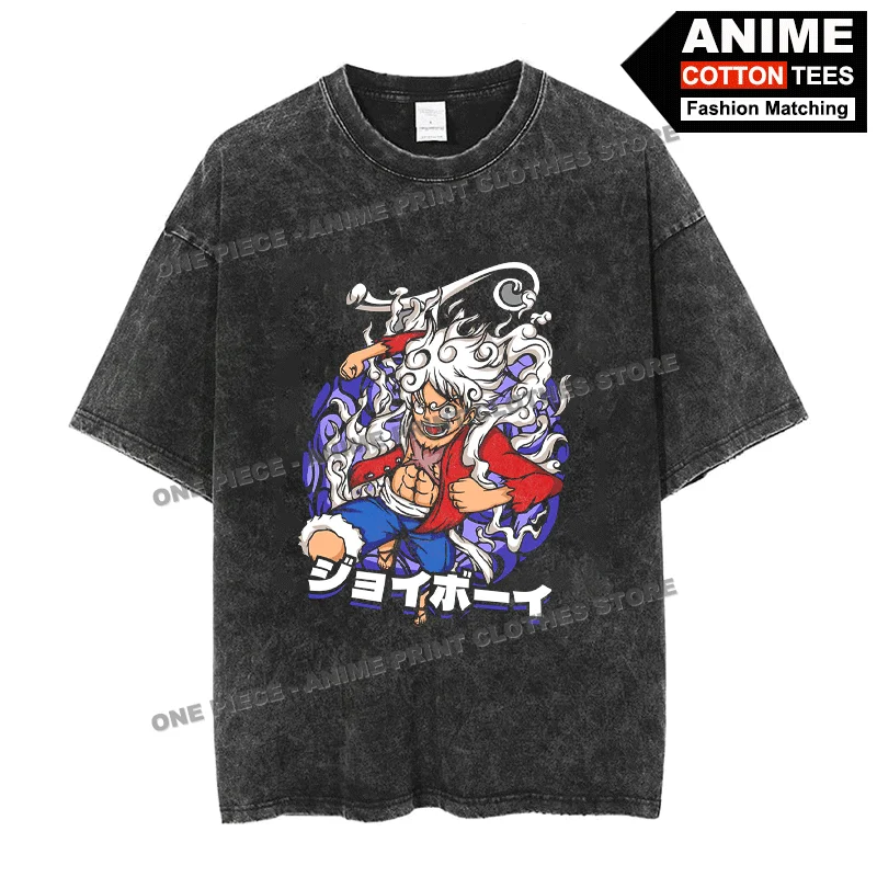

GEAR 5 Nika Luffy Print T Shirt ONE PIECE Anime Peripheral Clothing Hip Hop Street styl Short Sleeve Cotton Washed Vintage Tees