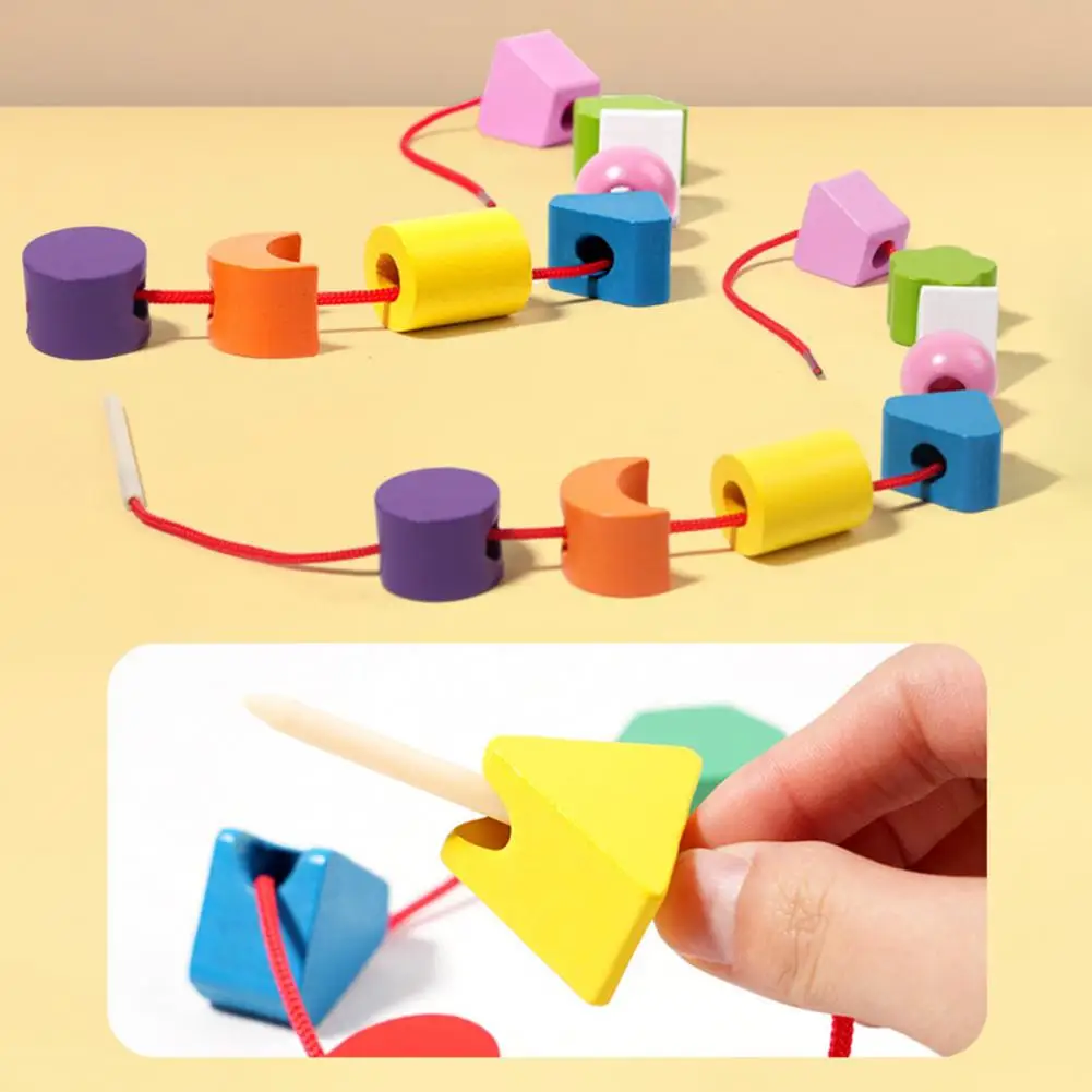 Educational Lacing Bead Toy Wooden Beads Sequencing Toy for Kids Stacking Lacing Blocks Game Color Geometric Shape for Toddlers