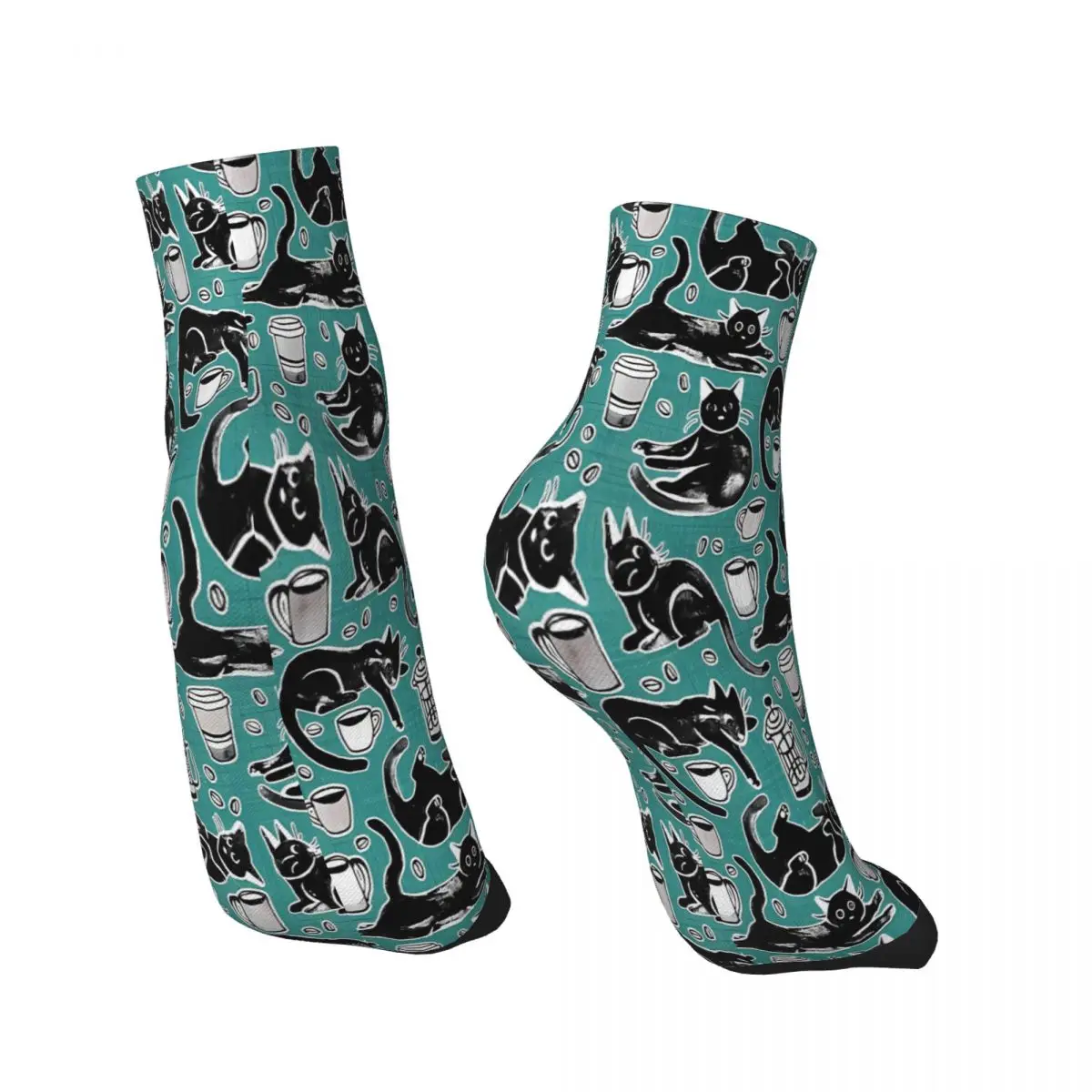 Coffee On Teal Black Cat Halloween Meme Ankle Socks Male Mens Women Summer Stockings Polyester