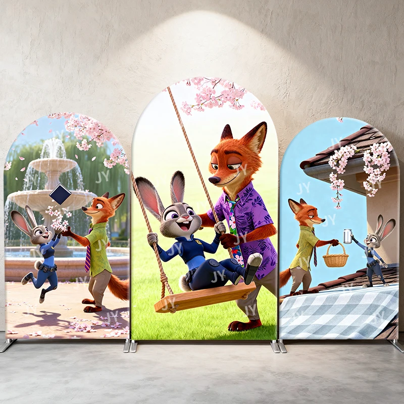 

Zootopia Nick And Judy Arch Backdrop Cover Cherry Blossom Scene Cartoon Theme Kids Birthday Party Photo Booth Decor Background