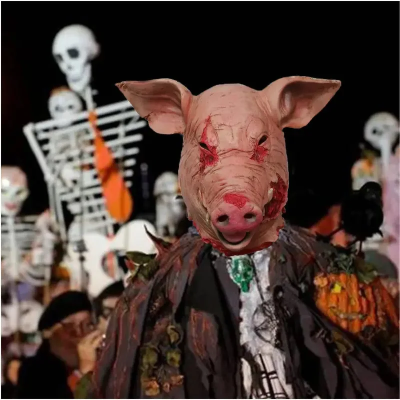 Gruseliges Halloween-Latex-Tier-Maskerade-Kostüm, Cosplay-Requisiten, blutiger Schweinekopf, Metzger, gruselige Erwachsenenmaske