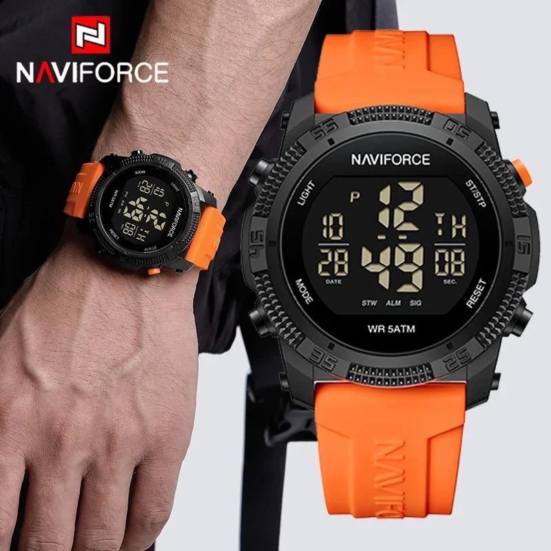 NAVIFORCE Top Brand LCD Digital Men Watch Date and Week Alarm Waterproof Clock Silicone Strap Fashion Casual Electronic Watch