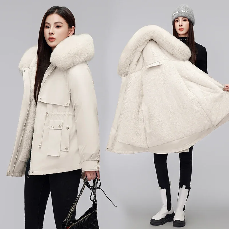 Winter Women\'s Jacket Fashion New Thicken Warm Wool Liner Hooded Parkas with Fur Female Snow Wear Padded Clothes Plus Velet Coat