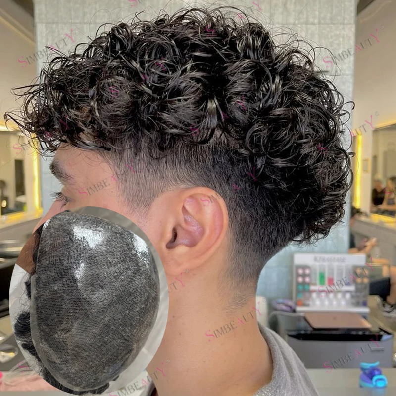 

Натуральные черные 100% человеческие волосы, 20 мм, вьющиеся мужские парики, супер прочные, 0,1 мм, полная кожа, мужской парик, коричневая, серая, черная система волос