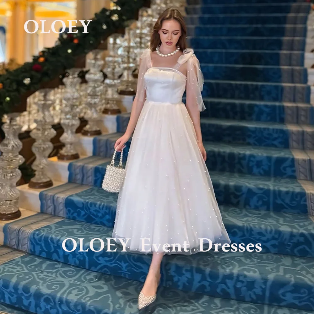 

OLOEY Modest Pearls Ivory Wedding Dresses Mid-calf Length A Line Bridal Gowns Soft Tulle Lace Up Sleeveless Free Customized