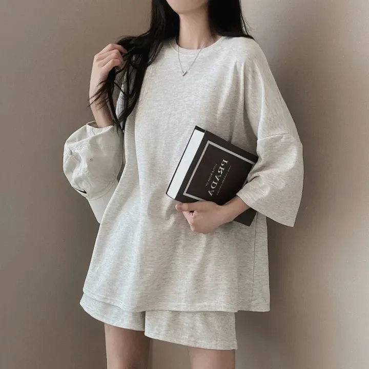 

Summer O Neck Loungewear 100% Cotton Women Soild Color Shorts Suits Korean T shirt And Shorts 2 Piece Set Casual Tracksuits 2024