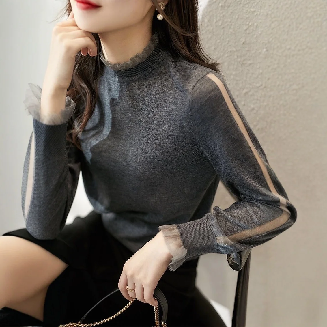 Blusa Fena Luxuosa de Lã Tricotada com Detalhe de Borda de Madeira – Csa Base Versátil e E para Primavera e Outono