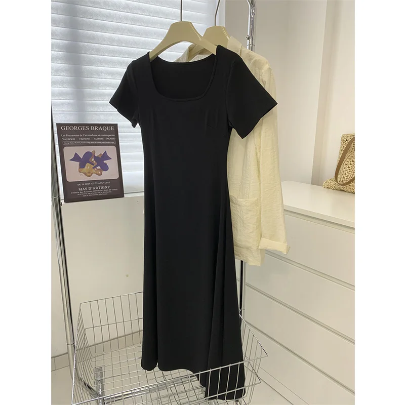 Robe longue française à col carré pour femmes, coupe cintrée, amincissante, en coton, jupe t-shirt à manches courtes, été