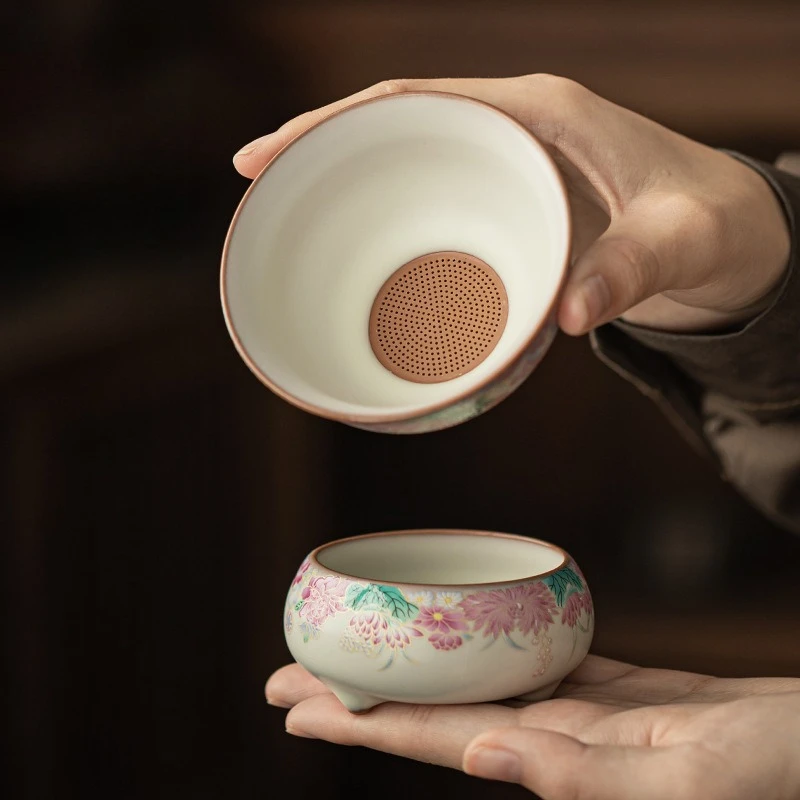 

Lard Glaze Garden Pattern Ceramic Tea Strainer Set Filter Infuser for Gongfu Tea Brewing Home Use Chinese Tea Ceremony Gift