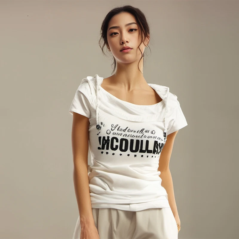 Women clothing y2k stitch Retro tops White Short Sleeves T Shirts for Women Punk Vintage Tops with Hooded Basic Grunge Slim Tees