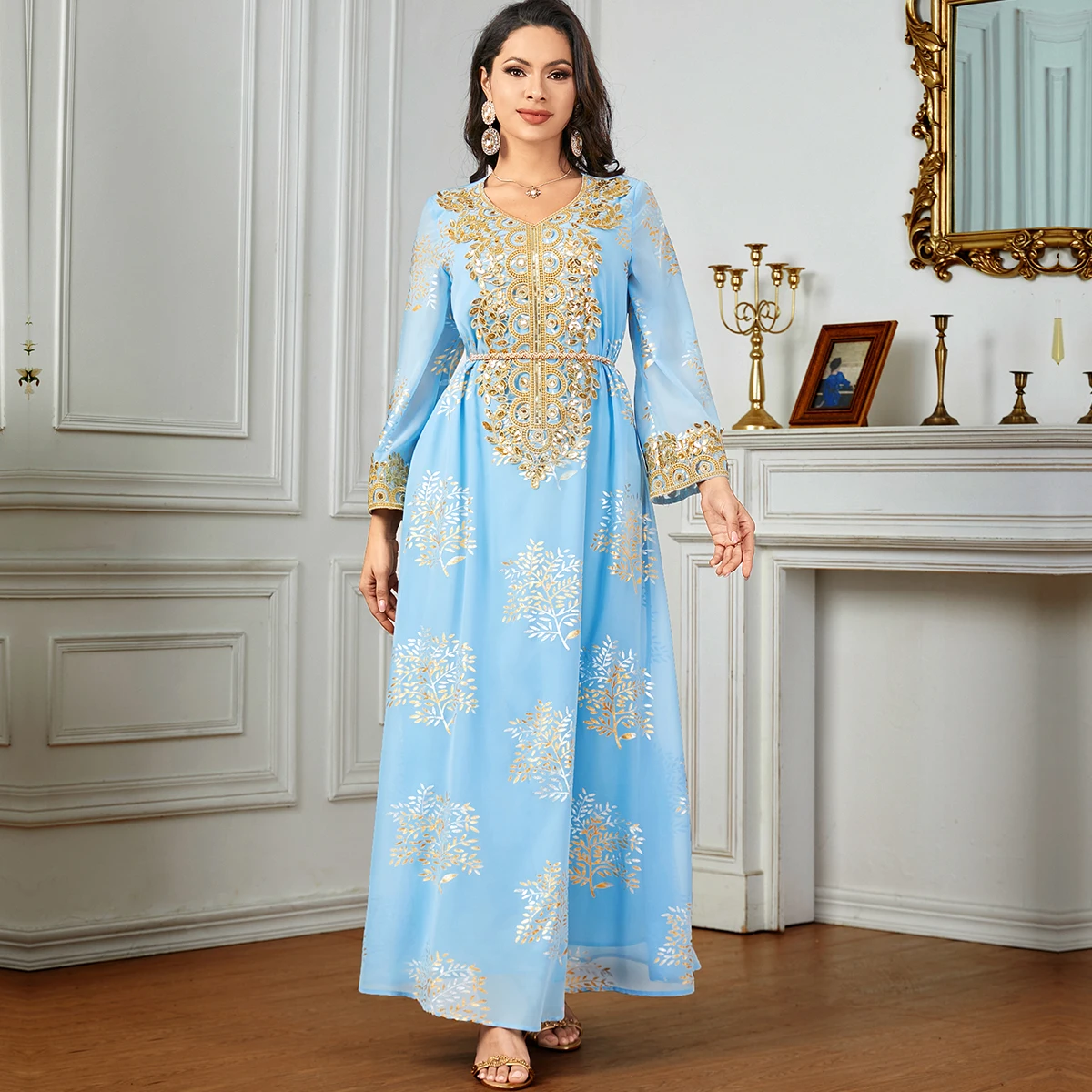 BNSQ 2024 Summer Middle East Arab New Floral Gold Plated Women Dresses Party Dresses Moroccan Kaftan with Customized Belt