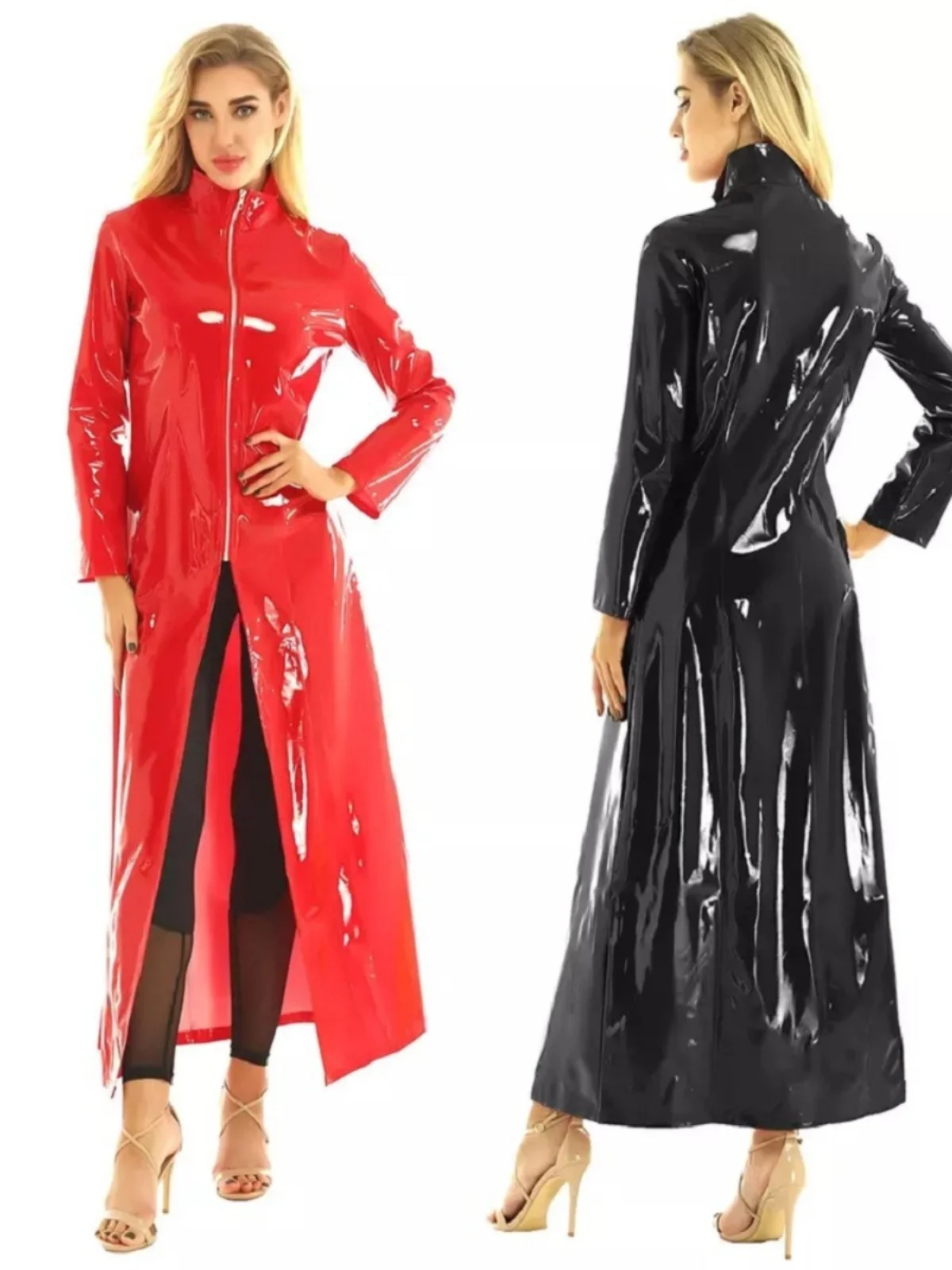 

Nightclub PU Bright Trench Coat Long Leather Skirt Street Sle f High Collar Loose Fit Long Sve Mid-Length Coat