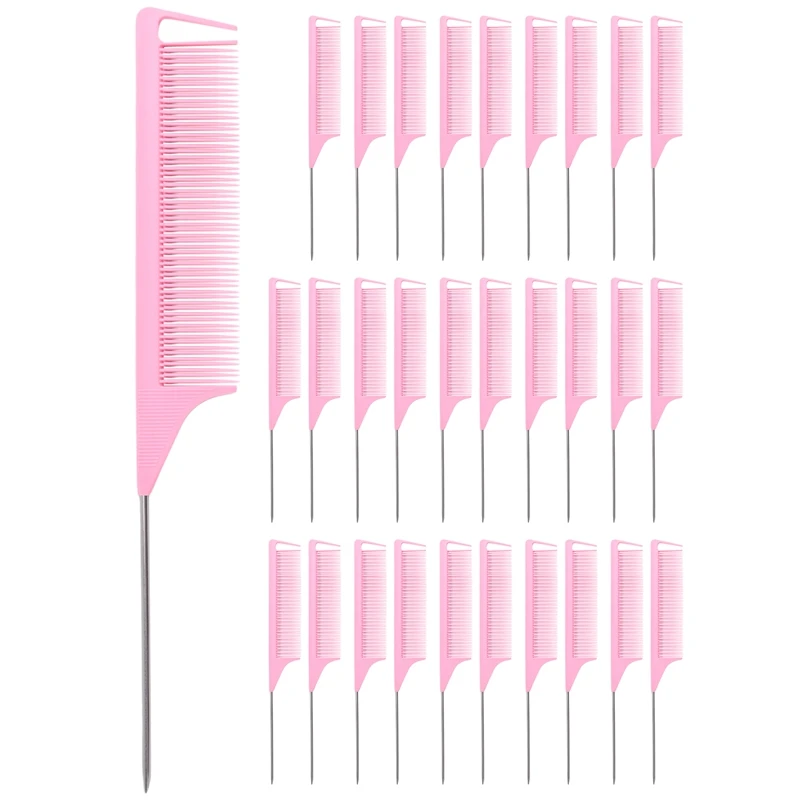 BEST 30 Pieces Parting Comb for Braids Hair Rat Tail Comb Steel Pin Rat Tail Carbon Fiber Heat Resistant Teasing Combs(Pink)