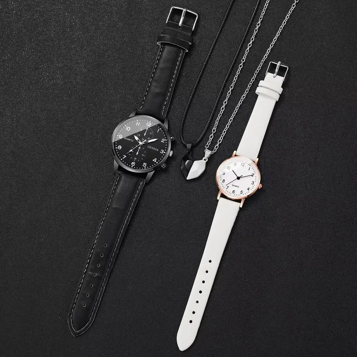 4PCS Fashion Couple Watches Necklaces Set Arabic Dial Quartz Watch Casual PU Leather Strap WristWatches （Without Box）