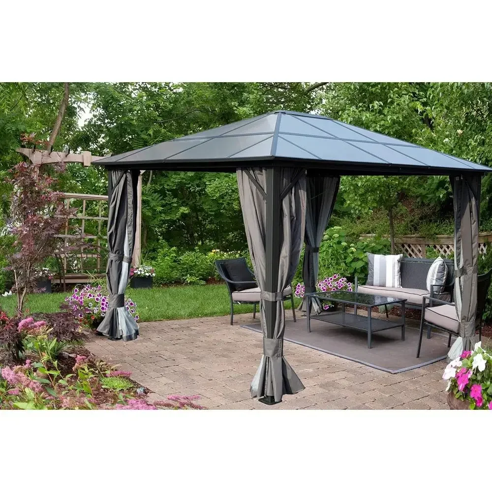 Permanent Hardtop Gazebo with Composite Polyte Top or Outdoor Patio Lawn and Garden, Curtains and Netting Included (Edward 10tx1