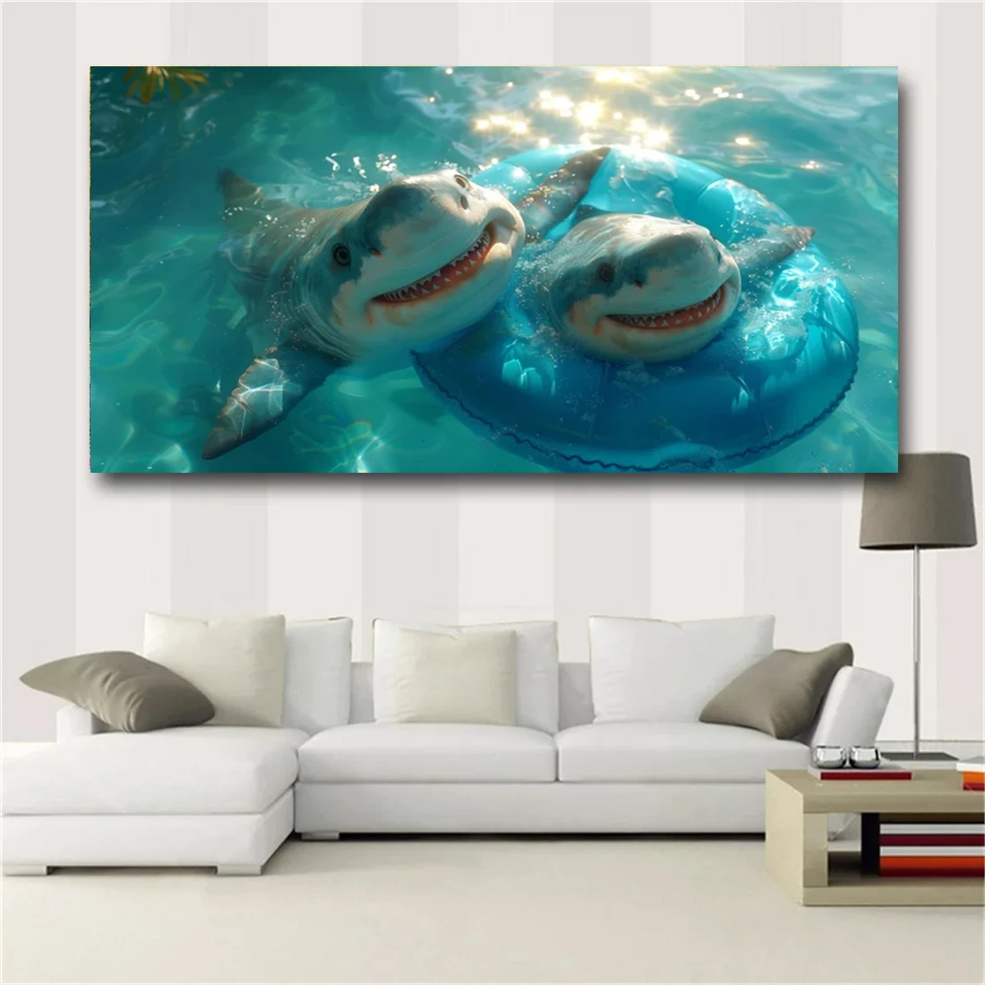 Blue cartoon shark in the sea canvas print, wall poster art mural, for kids room, dorm, bedroom, home decor, unframed