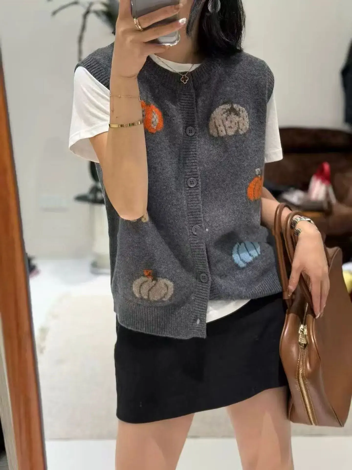 Outono abóbora jacquard cardigan colete feminino suéter de caxemira pura colete de malha de alta qualidade.