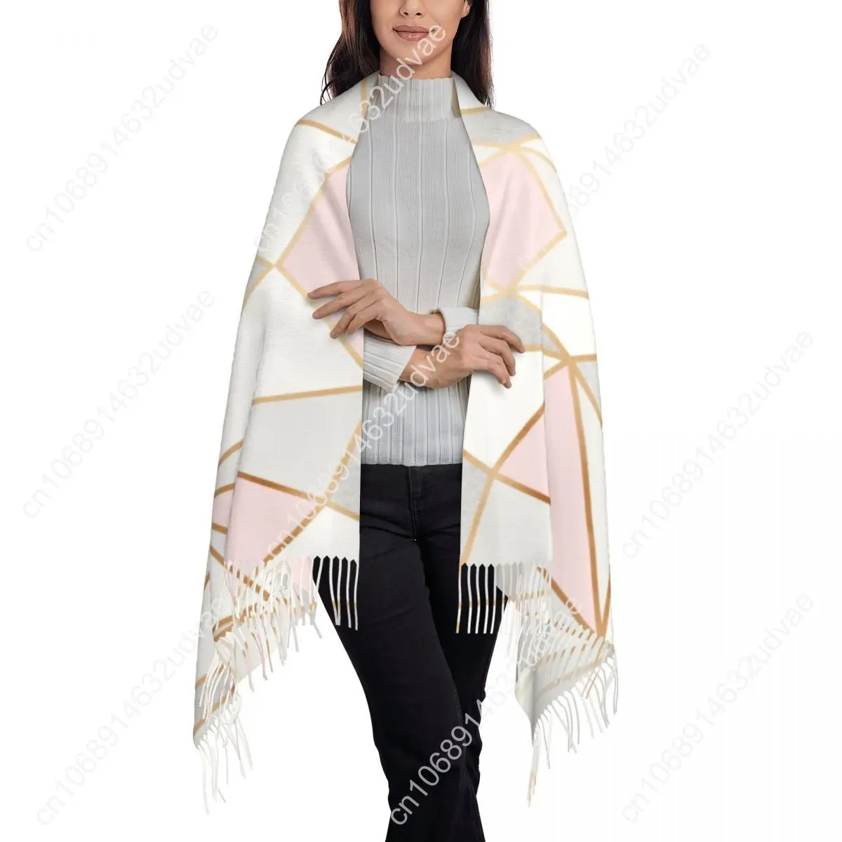 Pink Grey Gold Geometric Abstract Pattern Tassel Scarf Women Soft Geometry Shawls Wraps Ladies Winter Fall Scarves