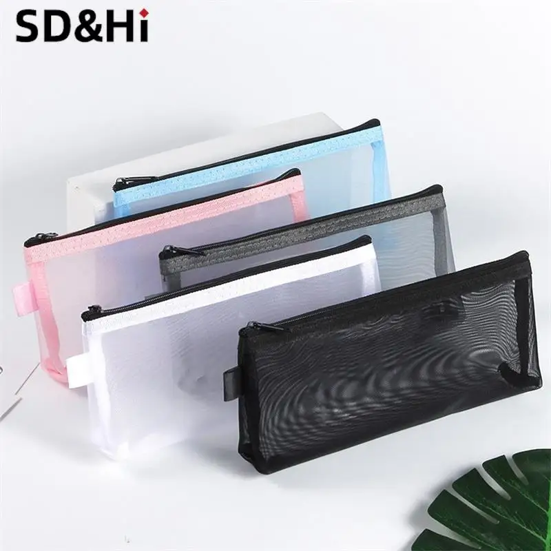 1Pc Simple Transparent Portable Mesh Pencil Case Pen Bag Office Student Pencil Cases School Supplies Pen Box Bill Storage Bag