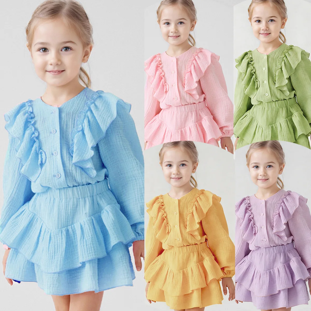 Ins Trendy Russian Style Girls 2Pcs Outfit Spring Autumn Cotton Flutter Sleeve Shirt  Ruffle Hem Skirt British Style 2 Piece Set