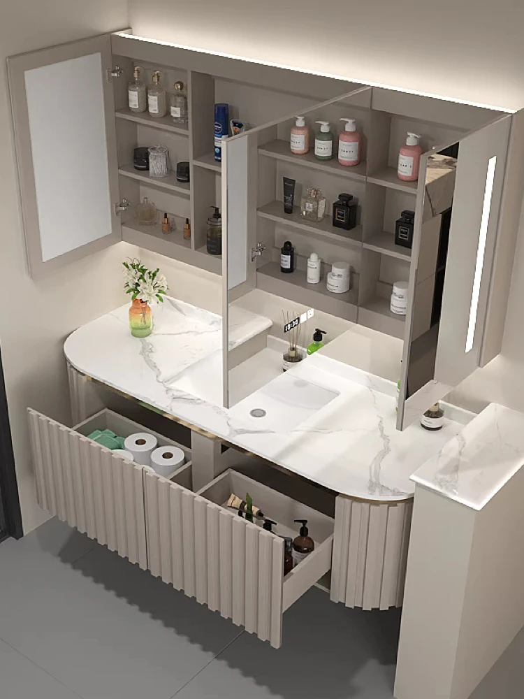 

Modern Japanese wind rock slab bathroom cabinet combination light luxury solid wood bathroom washing cabinet can be customized