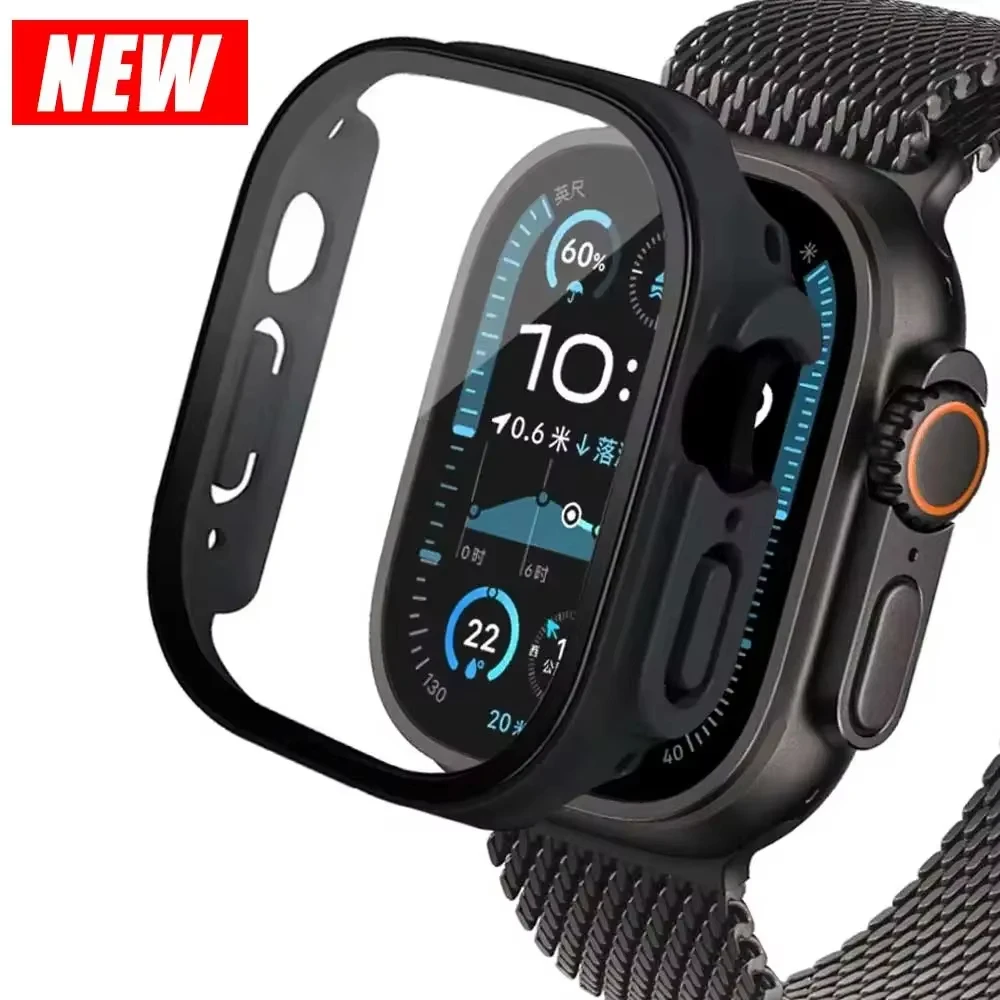 Gehärtetes Glas + Gehäuse für Apple Watch Ultra 2, 49 mm, Smartwatch, PC-Stoßstange + Displayschutzfolie, iWatch-Serie, Bandzubehör