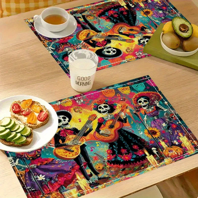 Placemats Featuring Premium Dia De Los Muertos Skeletons Playing Guitars with Floral Designs They Are Easy to Clean