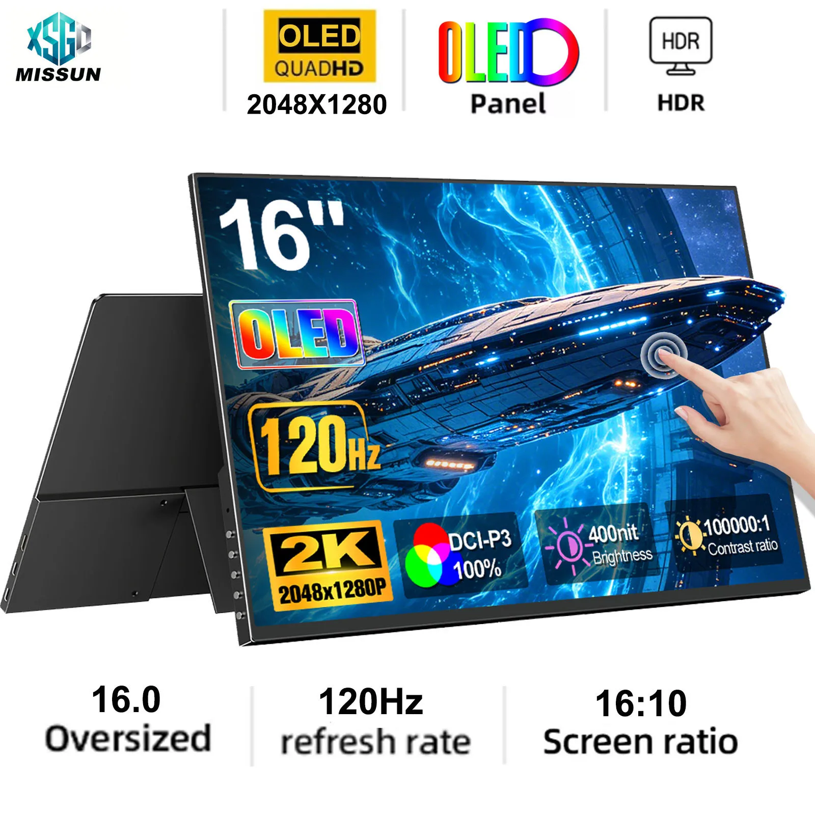 16Inch OLED Portable Touch Monitor Non-touch optional 16:10 400cd/m2 Gaming Computer Expand Display For XBox PS4/5 Switch Loptop
