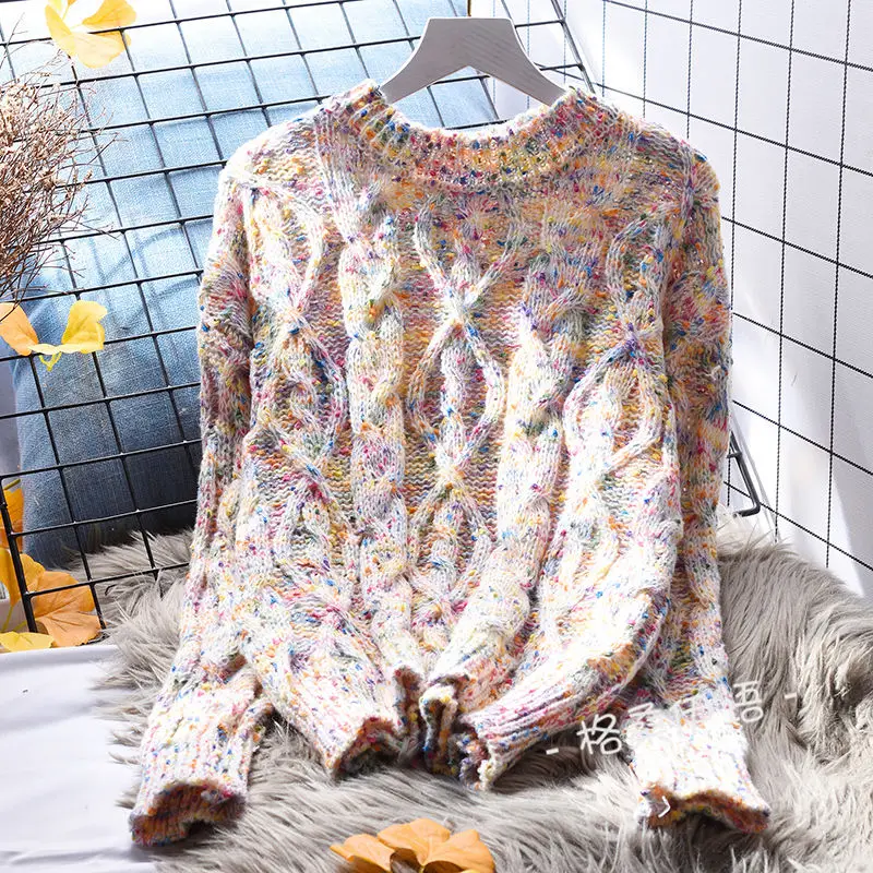 Wholesale Thick Thread Cable-Knit Pullover Sweater Women's Loose Outer Wear Spring and Autumn Korean Style Flab Hiding All-Match