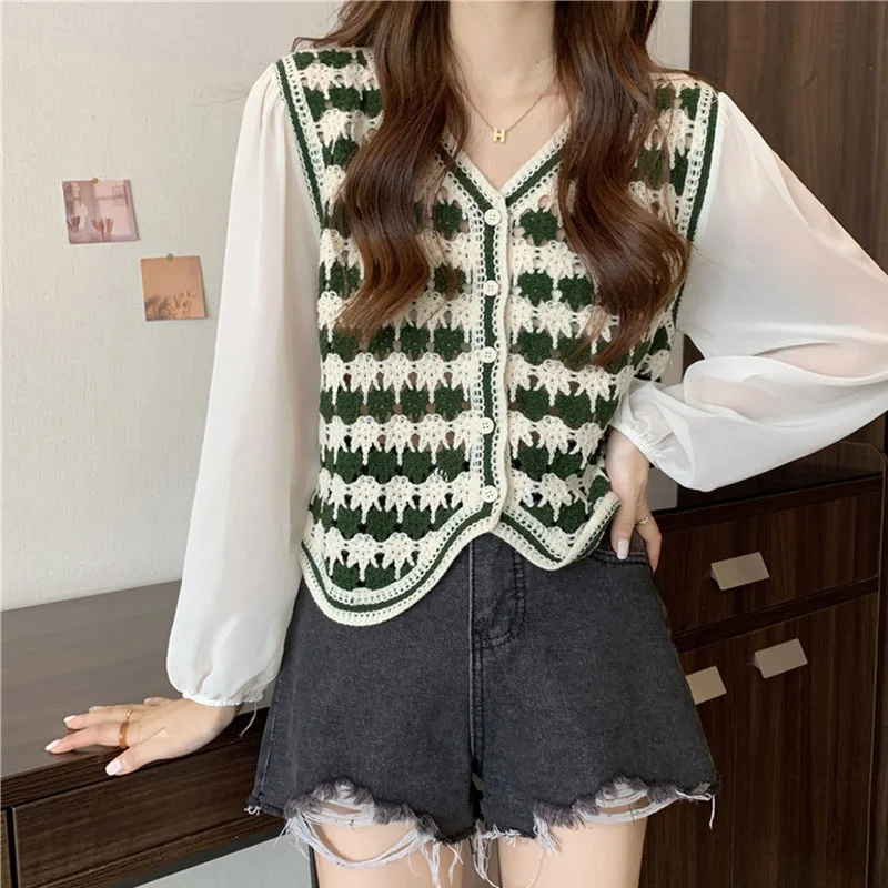 Chato Mel Oco Out Crochet Manga Longa Roupas Para As Mulheres Chiffon Sleeve Splicing Moda Feminina Blusas Single-Breasted Tops