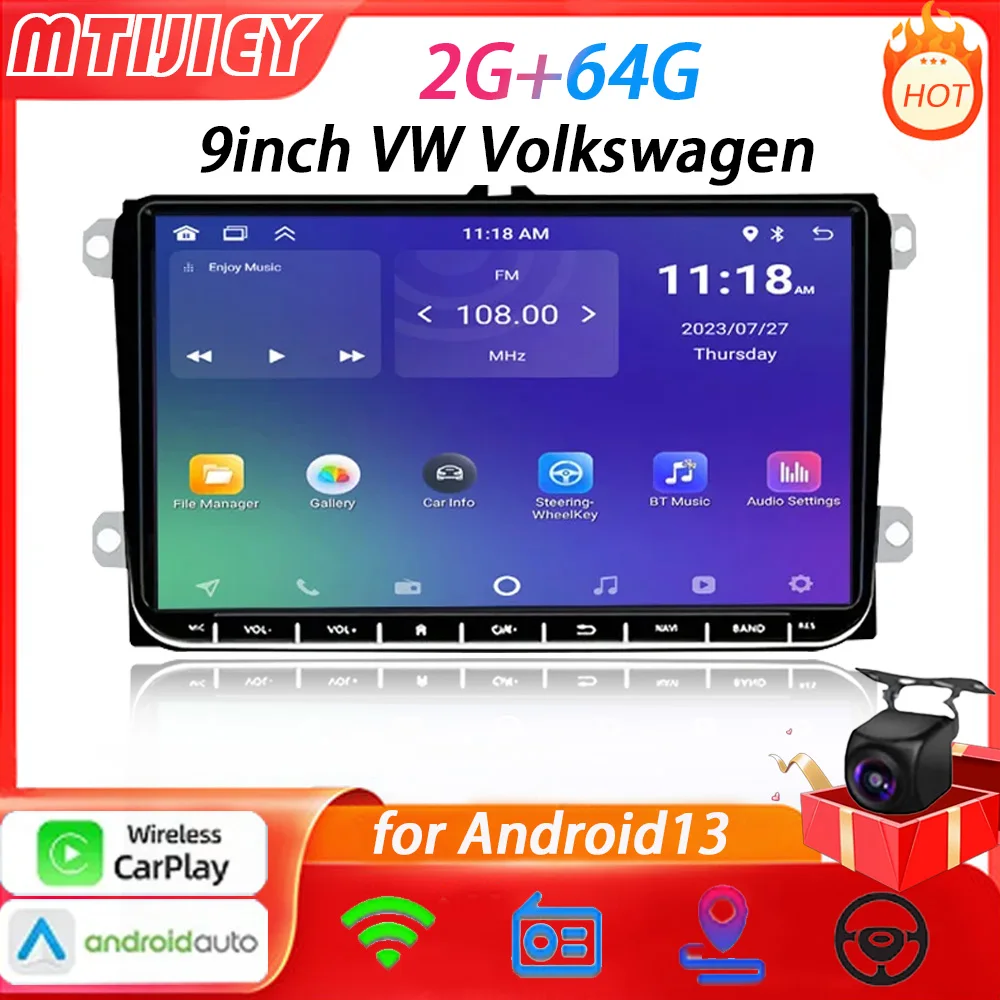 

MTIJIEY 2+64G 9"Radio 2din Android13 Auto Carplay Car Multimedia Player for VW Volkswagen Golf Polo Tiguan Passat B7 B6 SEAT