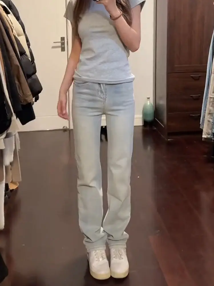 Jean Woman Denim Jeans Straight Blue Casual Retro 2000S American Distressed Hole Ripped Female Clothing Unisex Basic Simple Long