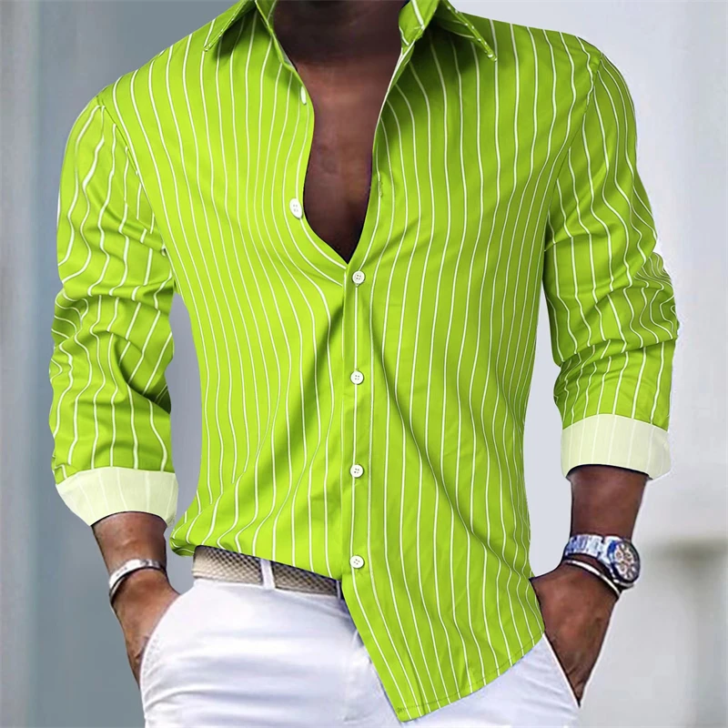 16-color men\'s shirt lapel long-sleeved casual shirt 3D printing striped fashion long-sleeved comfort fabric XS-6XL