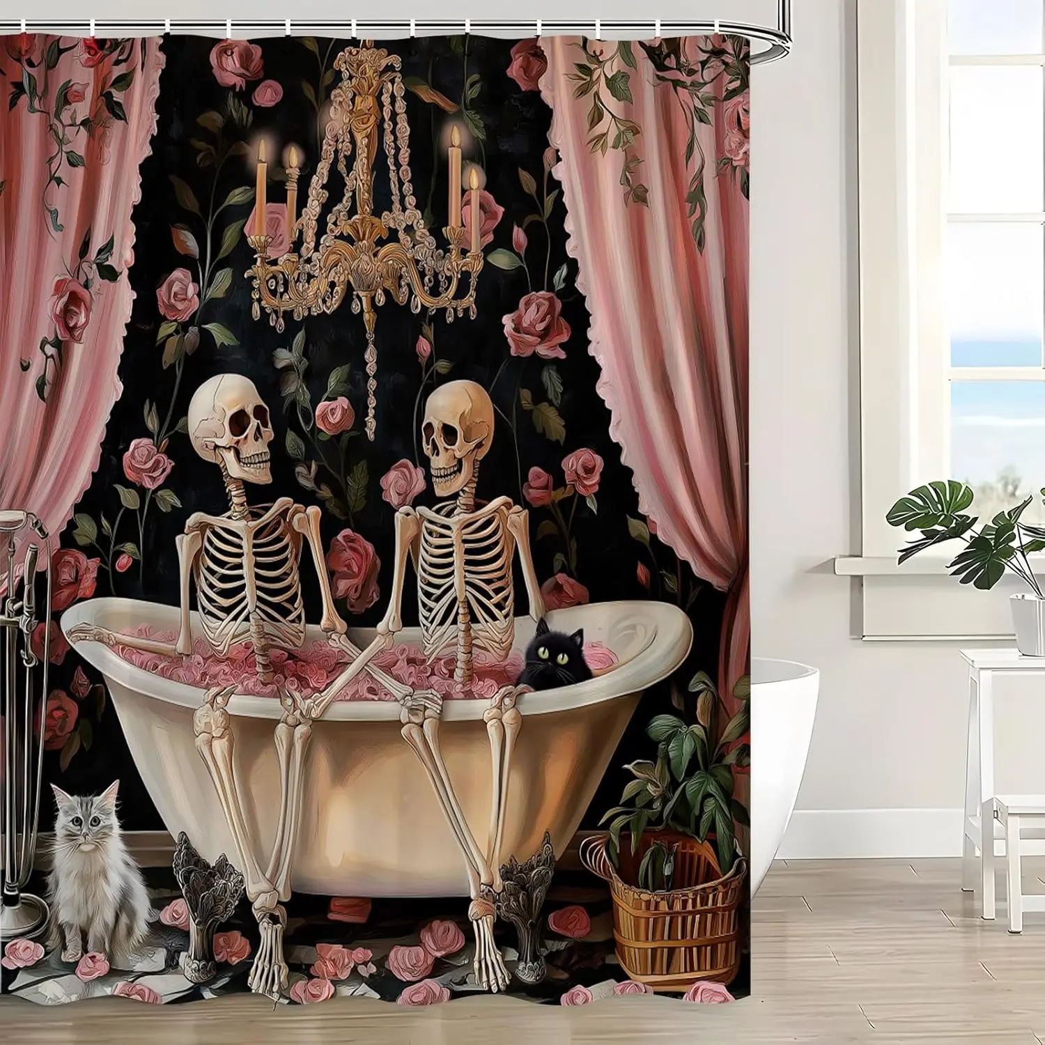 

Занавеска для душа с забавным черепом и скелетом, готический жуткий скелет для влюбленных в ванне, розовая роза, цветочный черный кот, Хэллоуин, жуткий ужас