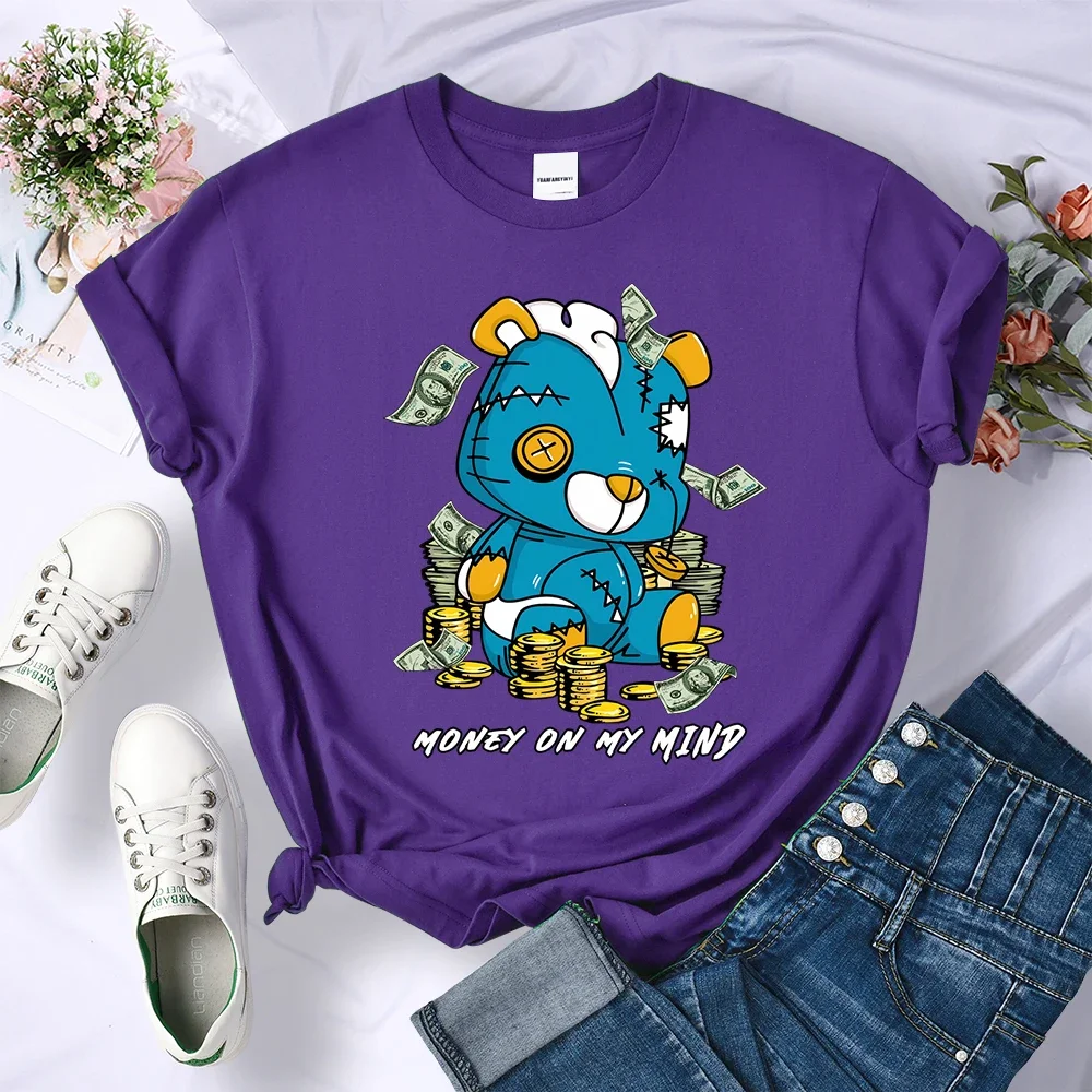 Women Hip Hop Summer Tops Multicolor Street Short Sleeve Cool Breathable T-Shirt Money On My Mind Cartoon Bear Design Tee Shirts