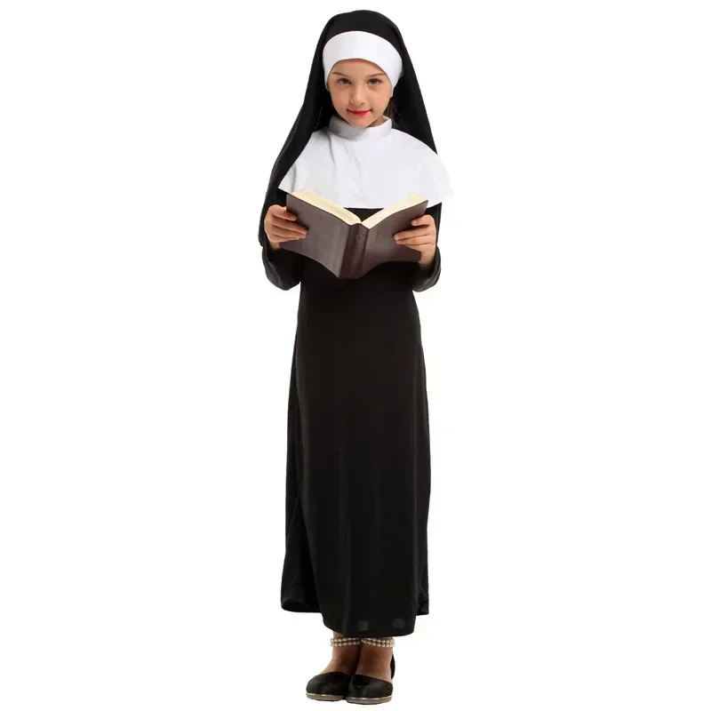 2026Girls Christian Catholic Religion Missionary Nun Black Costume Child Halloween Book Week Party Fantasy Fancy Dress