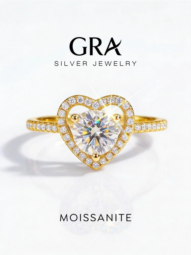 GRA 1CT Certified Moissanite Diamond Gold Love Heart Round Stone Rings for Women Real 925 Sterling Silver Luxury Fine Jewelry