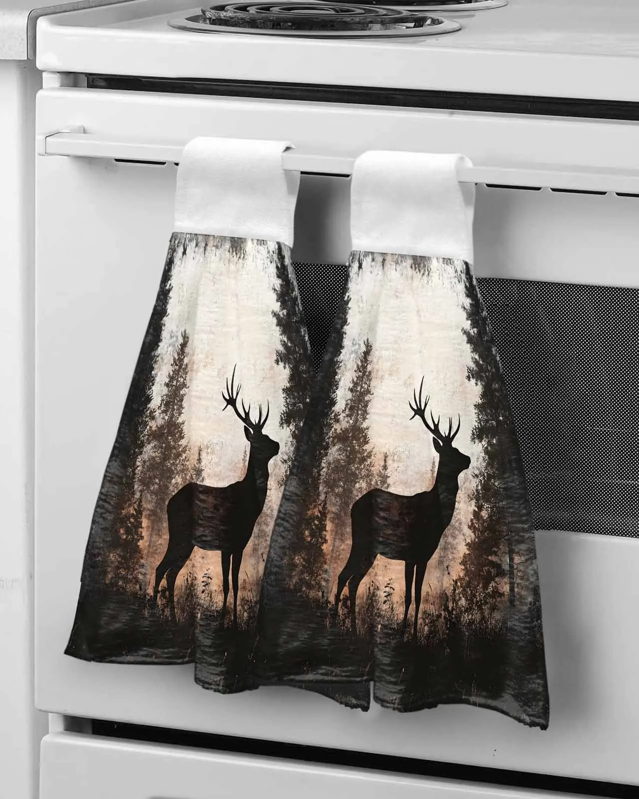 

Vintage Black Elk Forest Silhouette Hanging Kitchen Dish Tie Absorbent Hand Towel Dishwashing Cloth for Bathroom